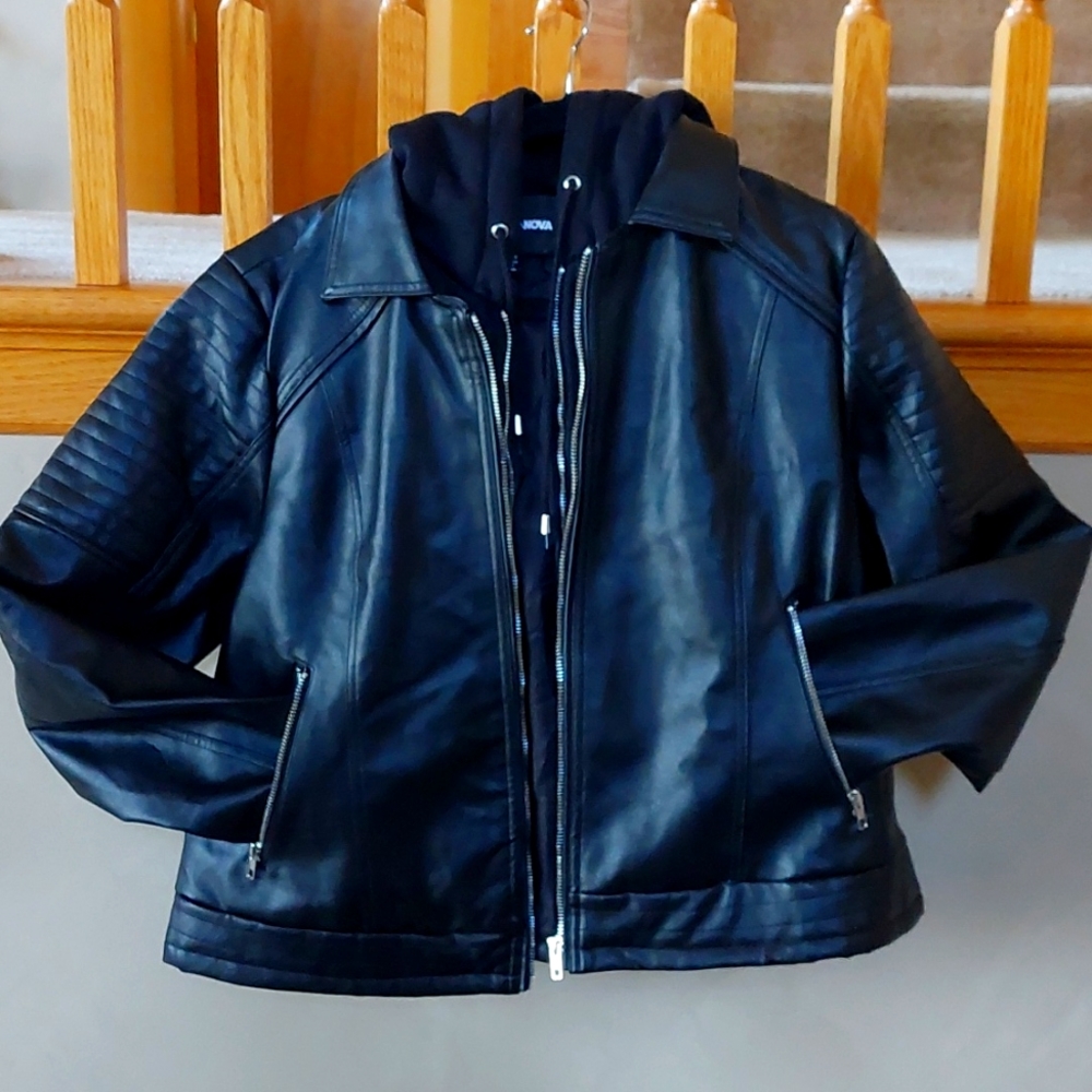 Black FashionNova Hooded Leather Style Jacket 1X